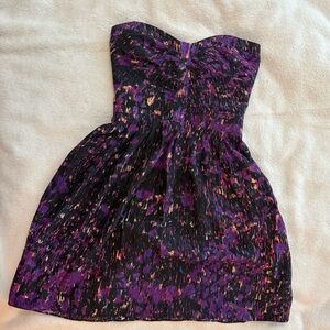 Parker Purple and Black Patterned Silk Strapless Dress